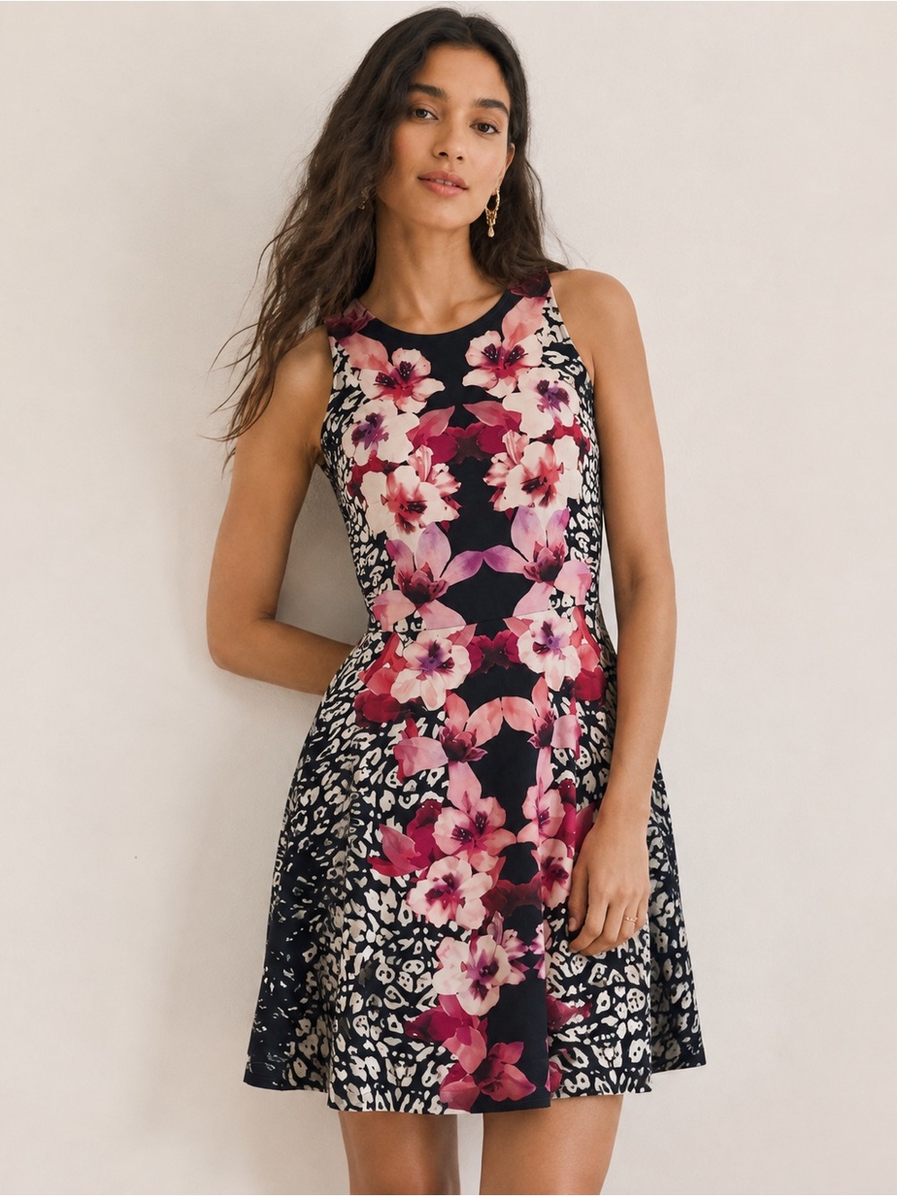 NWOT H&M Black Pink Floral Print Swing Stretchy Whimsy Dress Size Small
